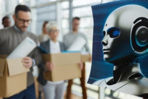 Close up of placard of artificial intelligence with people being fired in the background
