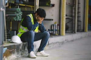 Factory workers are stressed and sad from being laid off, unemployed, and laid off. The impact of using AI. Labor replacement and unemployment, economic problems from the economic recession. depressed
