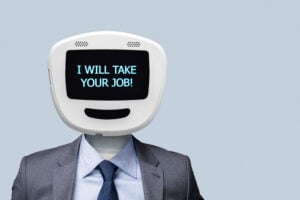 robot monitor head on a human body saying I will take your jobs