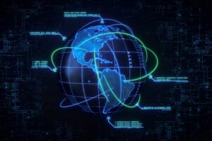 secret wars A digital world globe showing the Americas. The globe is sorrounded by swirling communication lines and infographics with security messages. The border of the image features a generic blueprint representing some electronic security system.