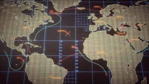 secret wars An abstract digital world map containing communication lines and digital infographics. Various objects on the map are being tracked and analyzed.