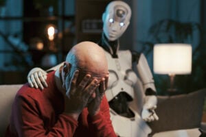 digital accomplice AI robot sitting next to a lonely senior man and comforting him, human-robot relationship concept