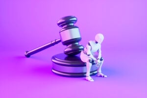digital accomplice Gavel and Robot, Artificial Intelligence and Law Concept. Digitally generated image. 3d render.