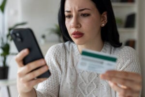 phishing Close-up portrait of a shocked or confused young woman looking at her mobile phone screen while holding a credit card. The scene depicts a declined transaction, banking fraud alert, identity theft, or online shopping error, representing cybersecurity and financial stress.